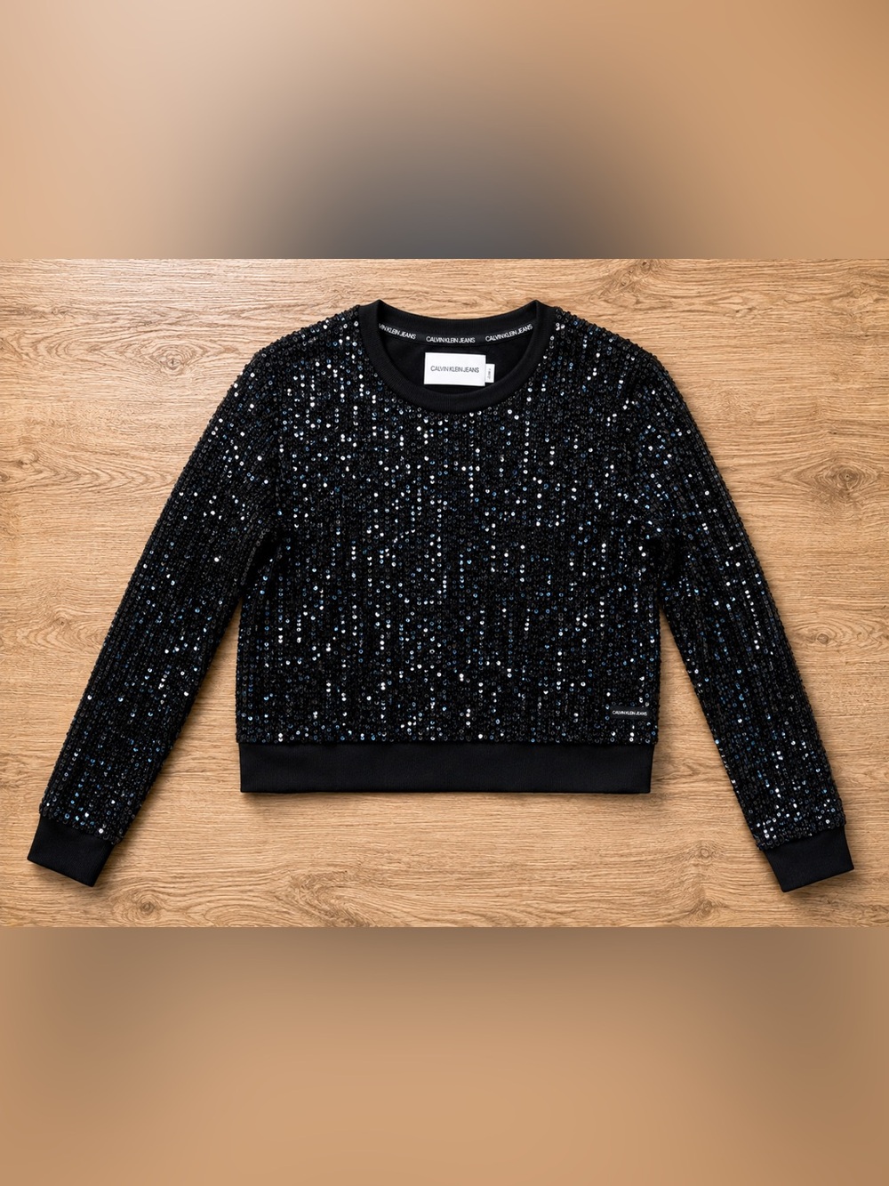 Calvin Klein Jeans Black Sequin Cropped Sweater Size Small Long Sleeve